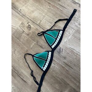 Brakinis Green & Black Neoprene Triangle Bikini Top With Crochet Size M Vintage